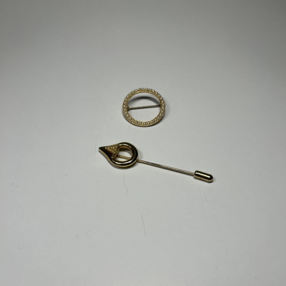 Lot 2 Vintage Hat‎ Pin & Brooch Gold Tone Pearls